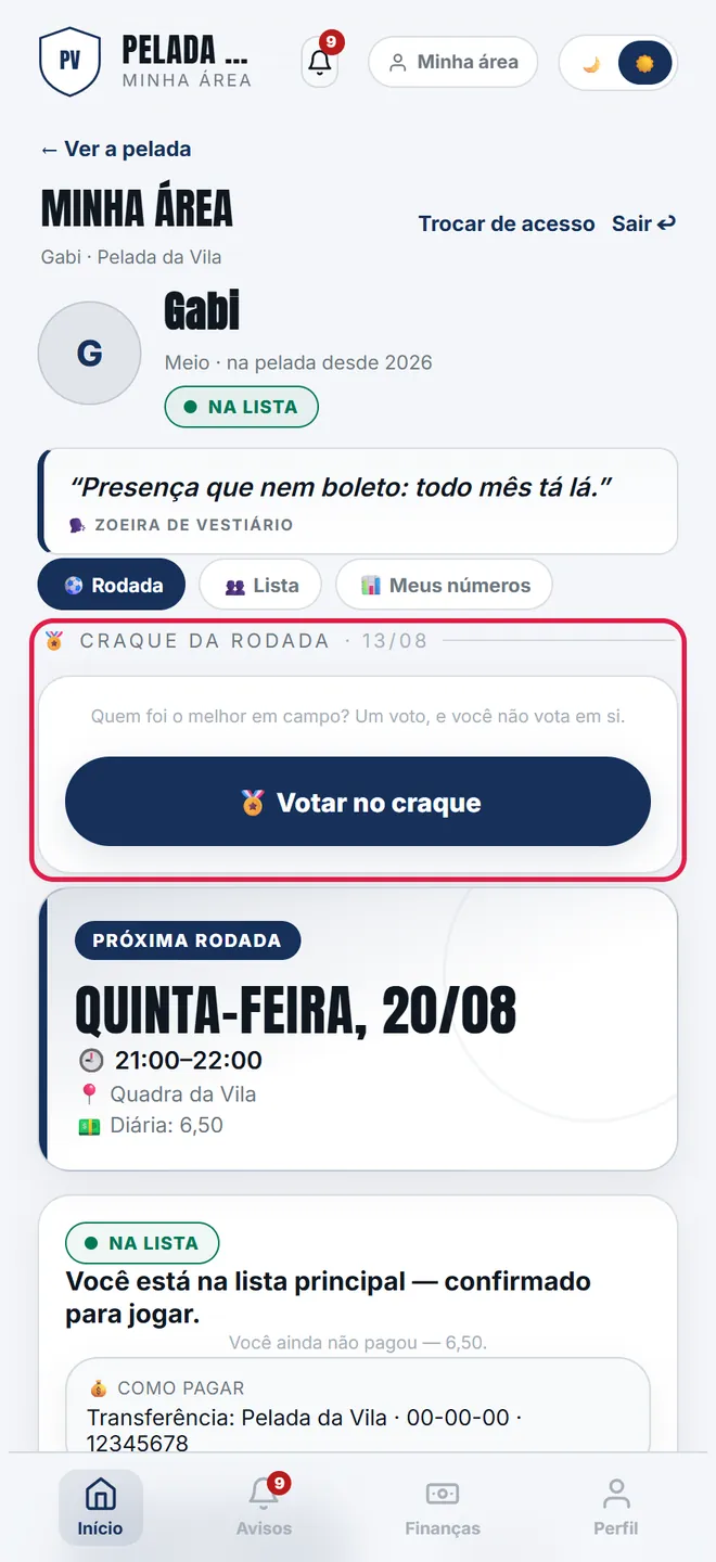 Com a urna aberta, o botão do craque aparece no topo do painel, com a <b>data</b> da rodada em votação — que pode não ser a da próxima.