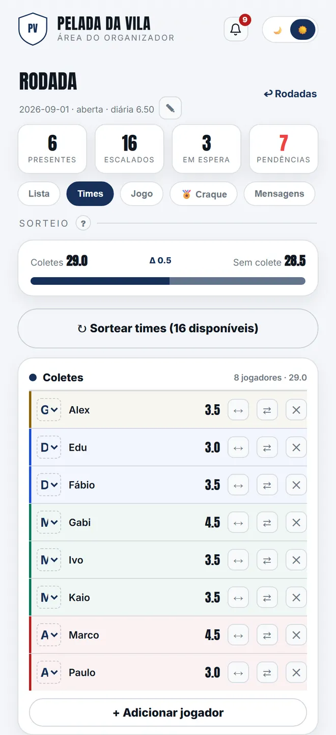 o sorteio da rodada, com a diferença entre os times na tela