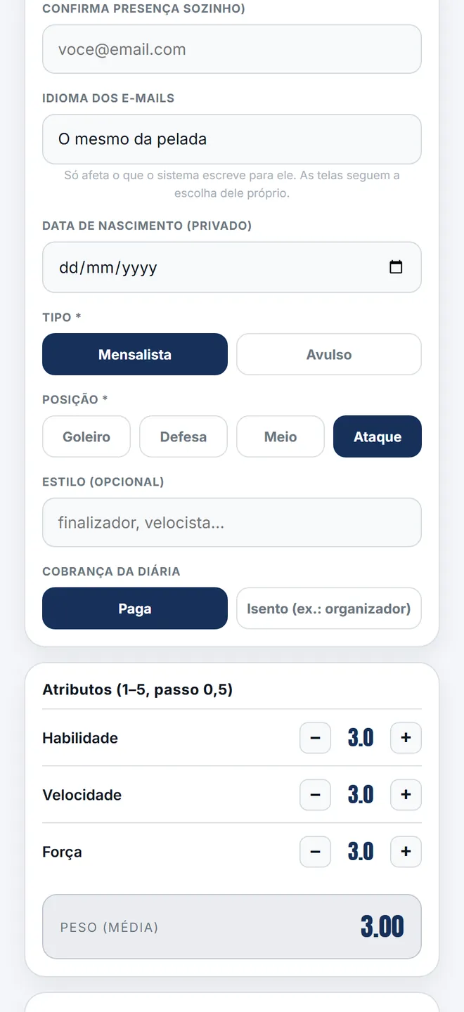 O cadastro do jogador, com posição e atributos.